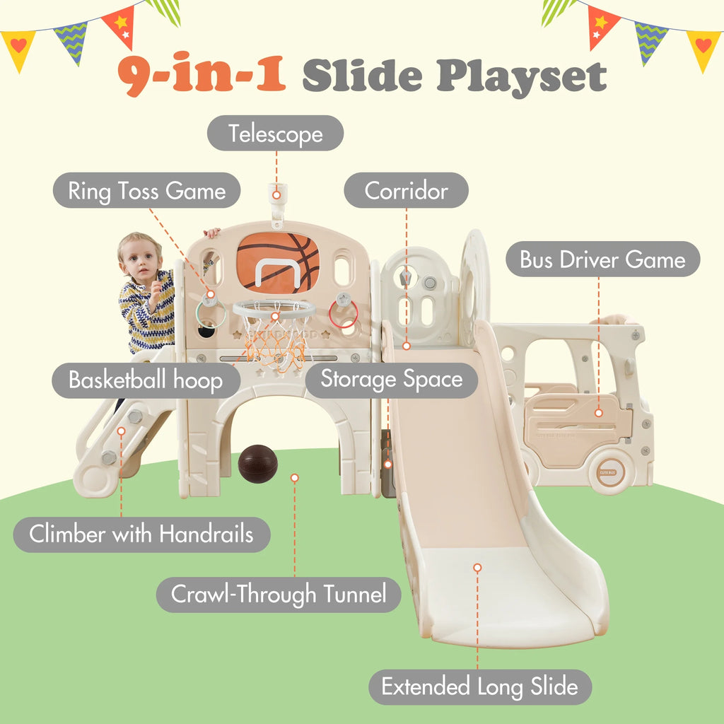 9 in 1 Kids Slide Playset with Basketball Hoop P82268