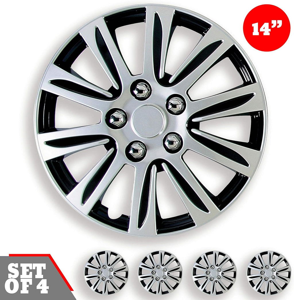 Silver and Black Set of 4 Car Wheel Hub Caps (14-Inch) D1703