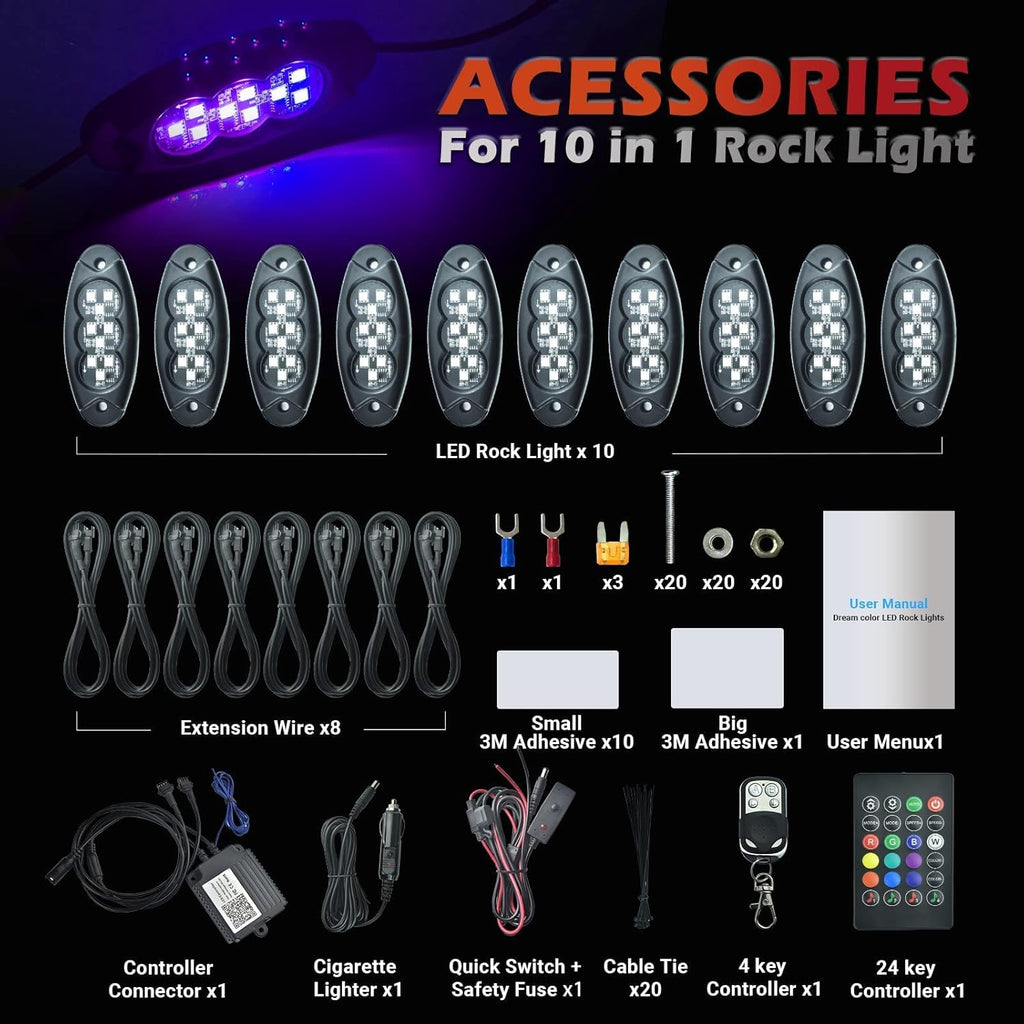 10 Pods RGB Rock Lights for Trucks SUV ATV UTV Off Road, Waterproof IP68 G5252