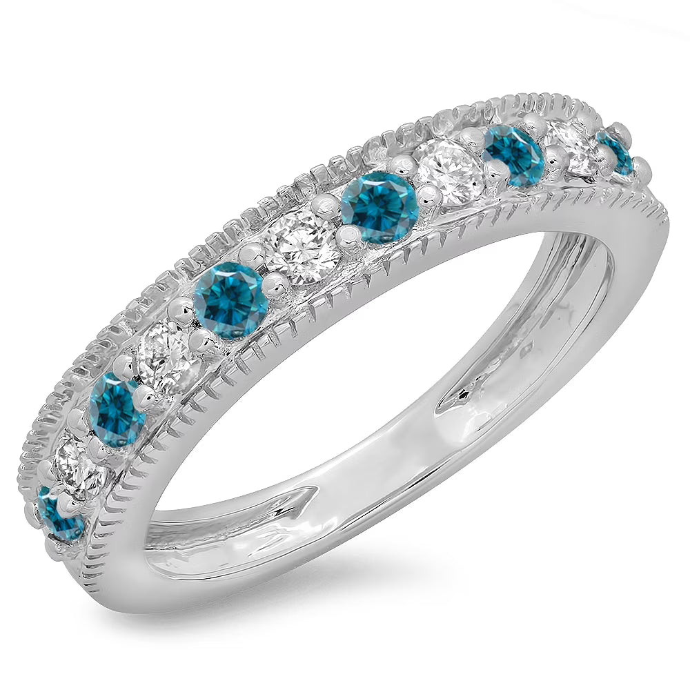 18K White Gold Round Cut Blue & White Diamond Stackable Band V282505