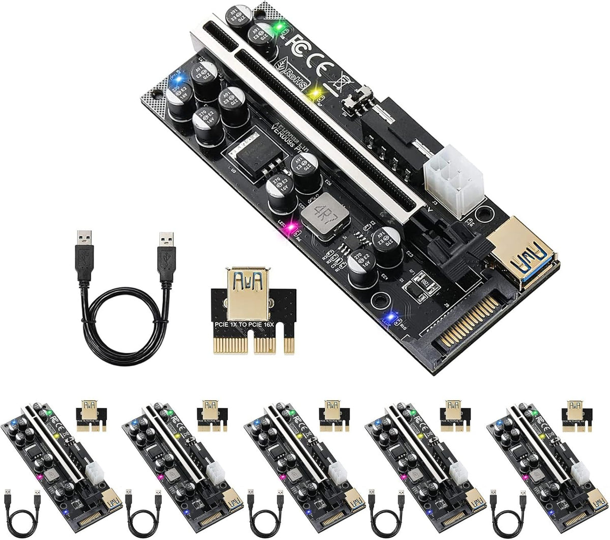 PCIE Riser 10 Solid Capacitors 60cm USB 3.0 Extension Cable 6 Pack Z7597