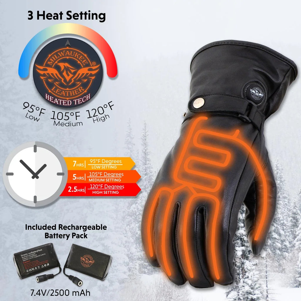 Black Leather Heated Winter Gloves with Battery X-Large S192