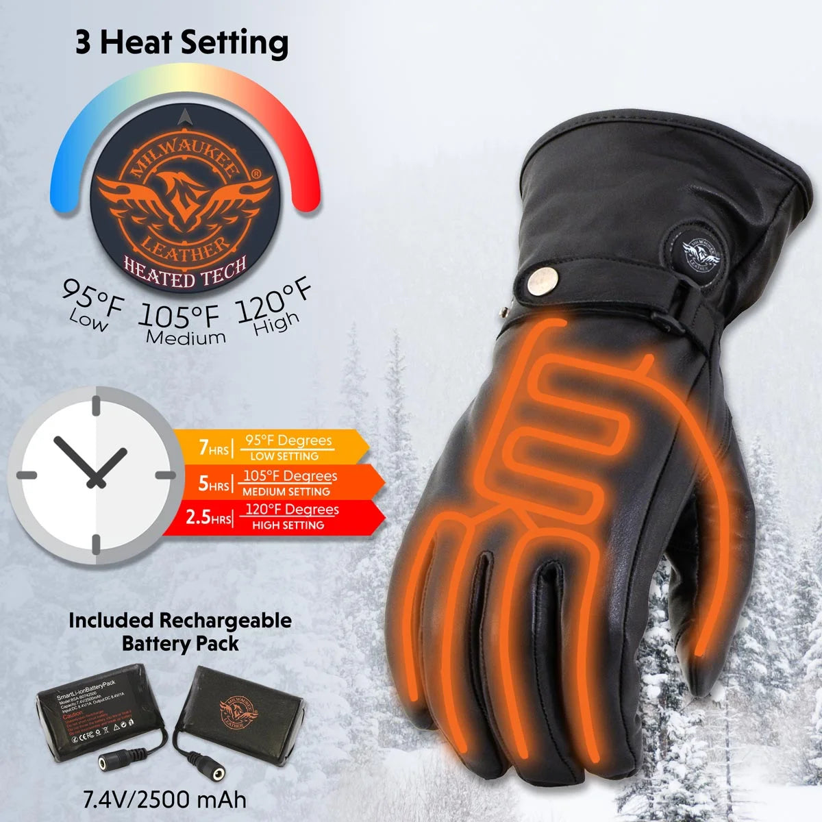 Black Leather Heated Winter Gloves with Battery X-Large S192