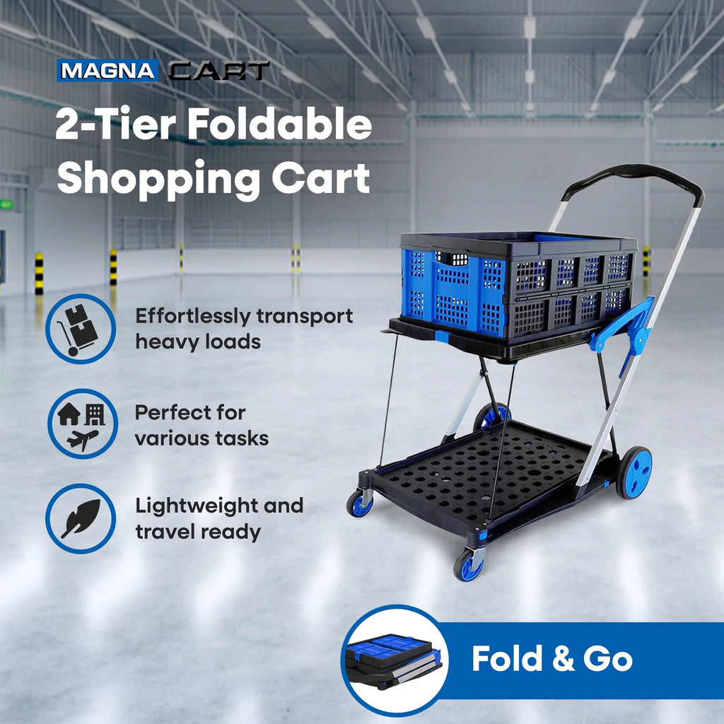 2-Tier Folding Utility Cart with Collapsible Crate D659718