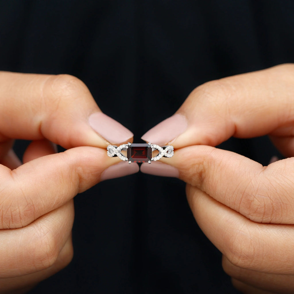 Emerald Cut Garnet Solitaire Ring with Diamond, 14K White Gold, US 12.00 R255