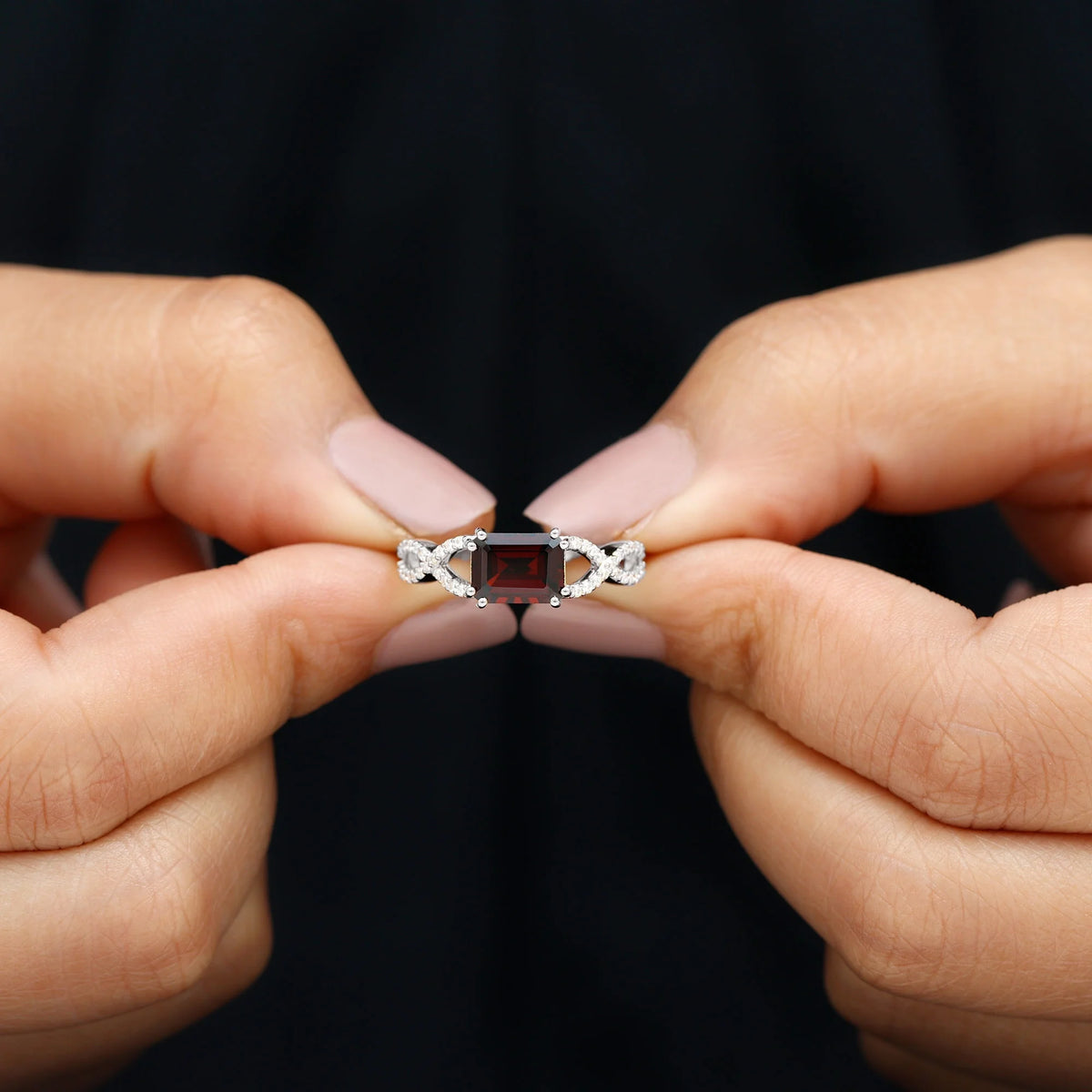 Emerald Cut Garnet Solitaire Ring with Diamond, 14K White Gold, US 12.00 R255