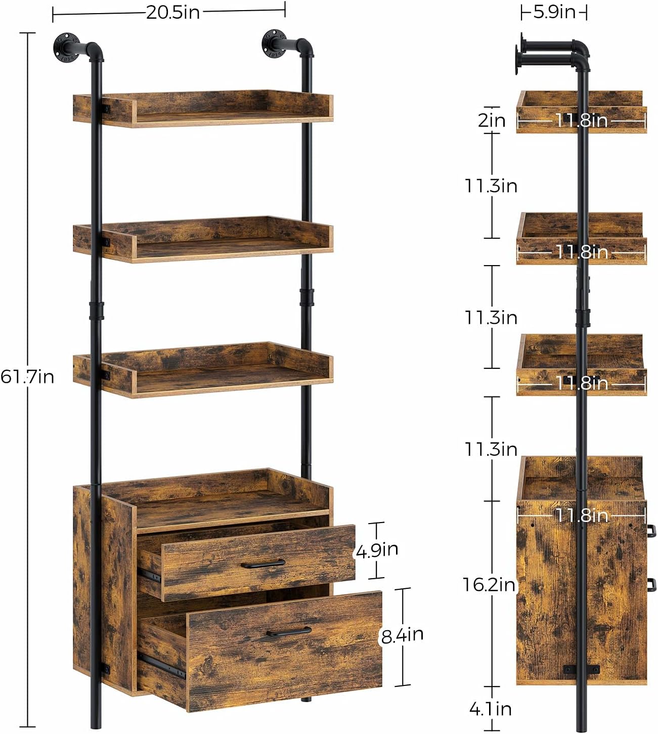 Industrial Bookshelf with 2 Wood Drawers, 4-Tier, Rustic Brown Z95992