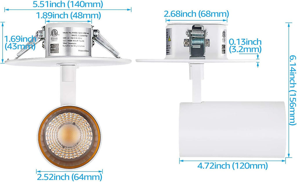LED Ceiling Spotlight, CRI90+ 950lm Adjustable Dimmable Recessed Spotlights 3/4 Inch, Aluminum 12W, 3000K Warm White, Pack of 2 A55361