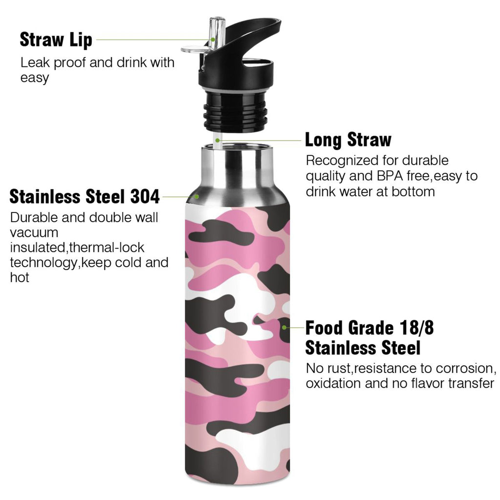Camouflage Pink Insulated Stainless Steel Water Bottle with Straw Lid, 20 oz P87880