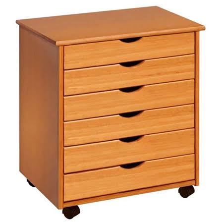 6-Drawer Wide Roll Cart, Medium Pine, Brown A36855
