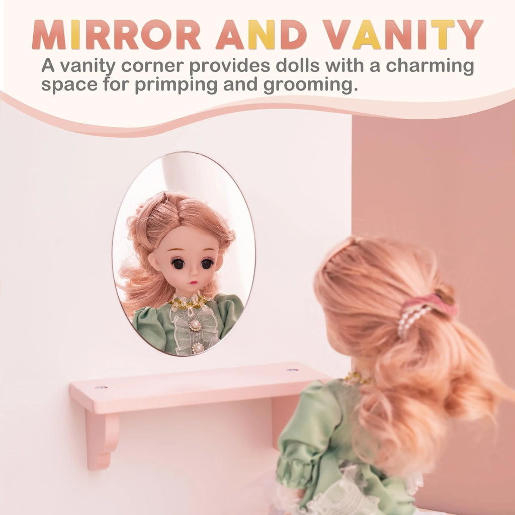 Pink Wooden Doll Armoire Closet with Vanity Table and 5 Clothing Hangers A832