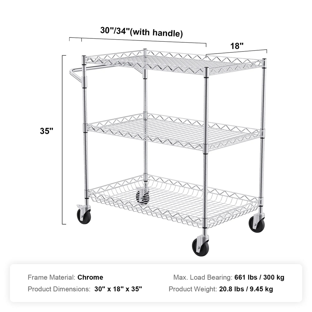 3-Tier Utility Rolling Cart on Wheels W3123