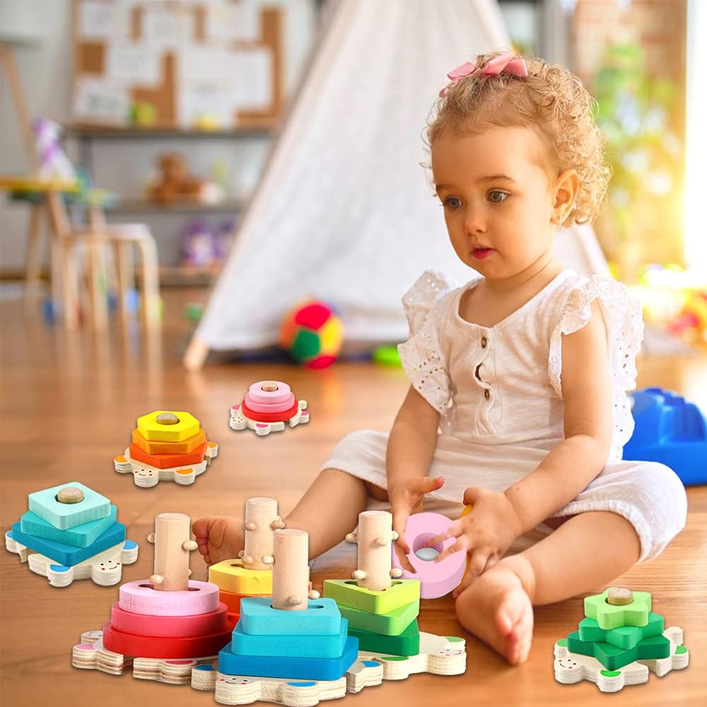Wooden Shape Sorter and Stacking Toys, 8PCS Toddler Montessori Geometric Block Puzzle C7546