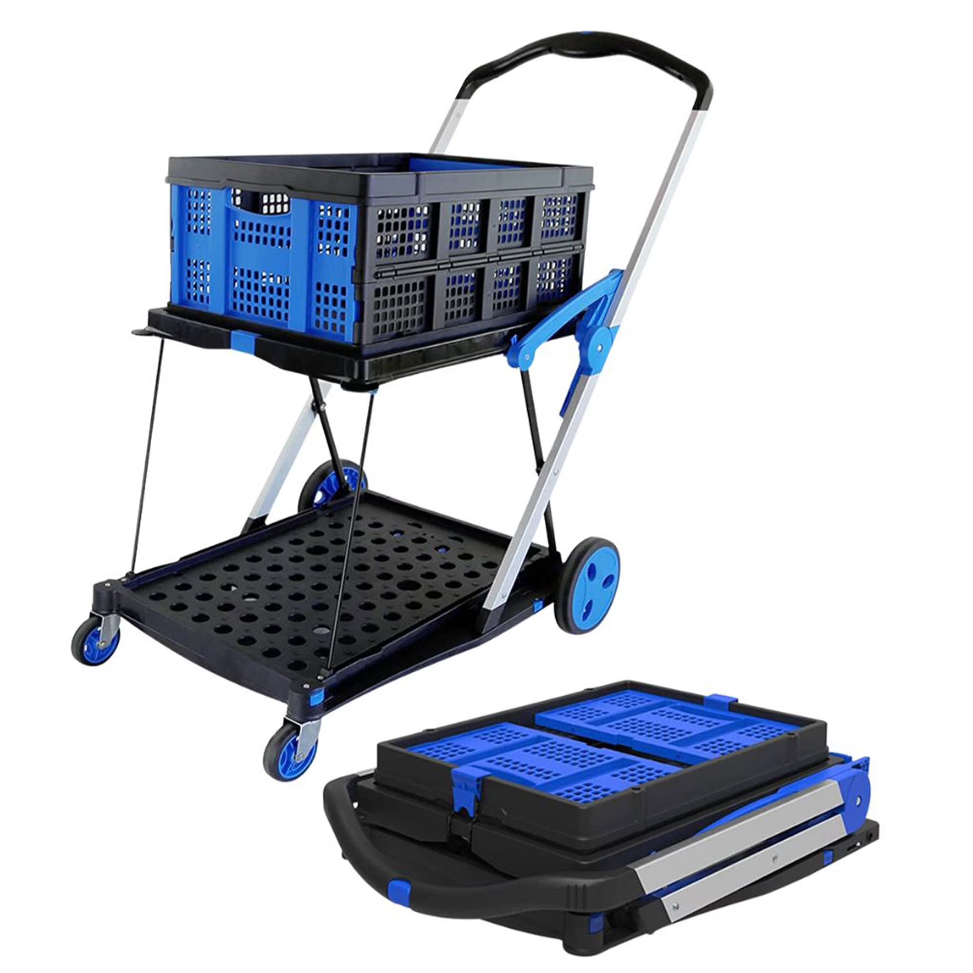 2-Tier Folding Utility Cart with Collapsible Crate D659718