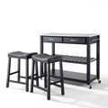 Black Stainless Steel Top Kitchen Cart Island with 24 Upholstered Stools Y61426