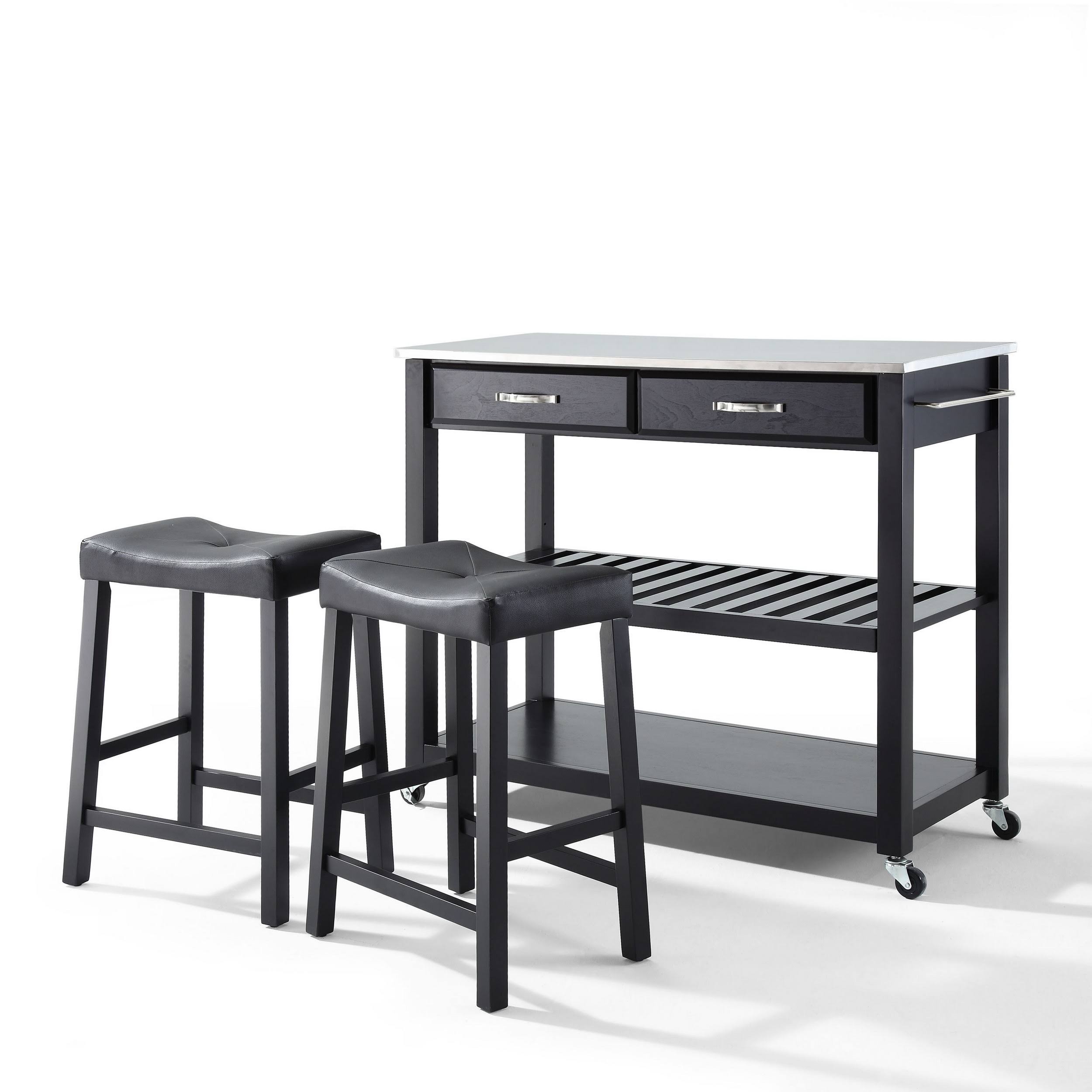 Black Stainless Steel Top Kitchen Cart Island with 24 Upholstered Stools Y61426