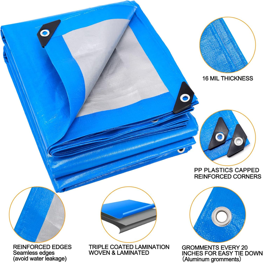Blue 16x20 Heavy Duty Waterproof Plastic Tarpaulin with Metal Grommets H341