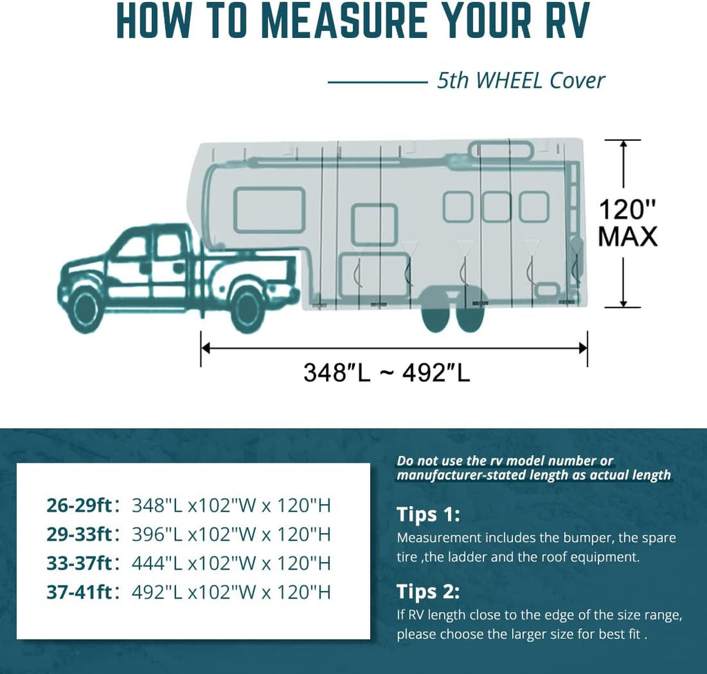 5th Wheel RV Cover with 2Pcs Extra Straps & 4 Tire Covers W5208