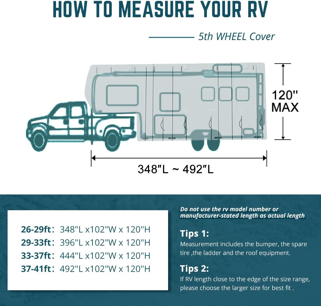 5th Wheel RV Cover with 2Pcs Extra Straps & 4 Tire Covers W5208