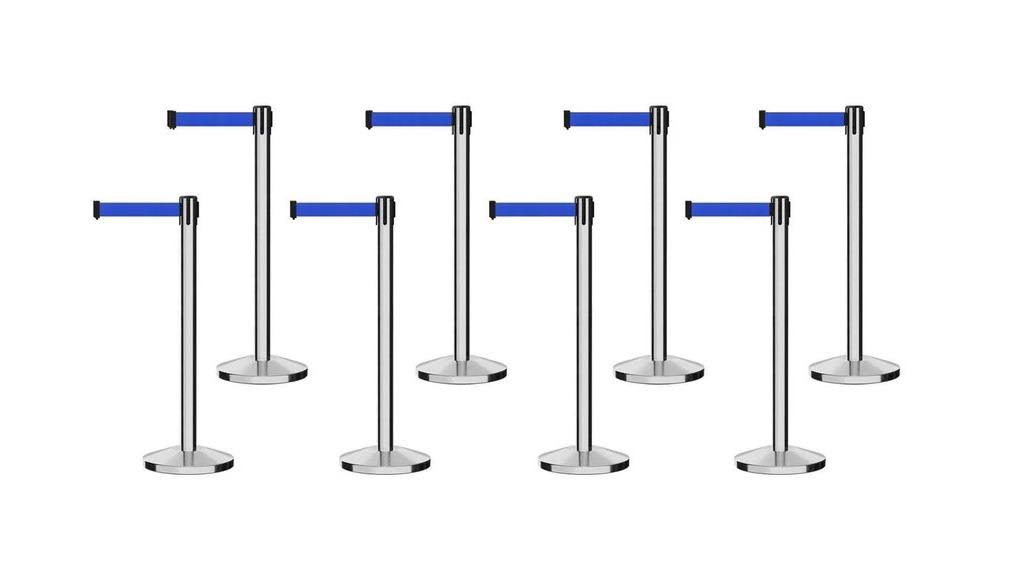 Polished Stainless Steel Retractable Belt Barriers, Set of 8, 13 ft. Belt R63154