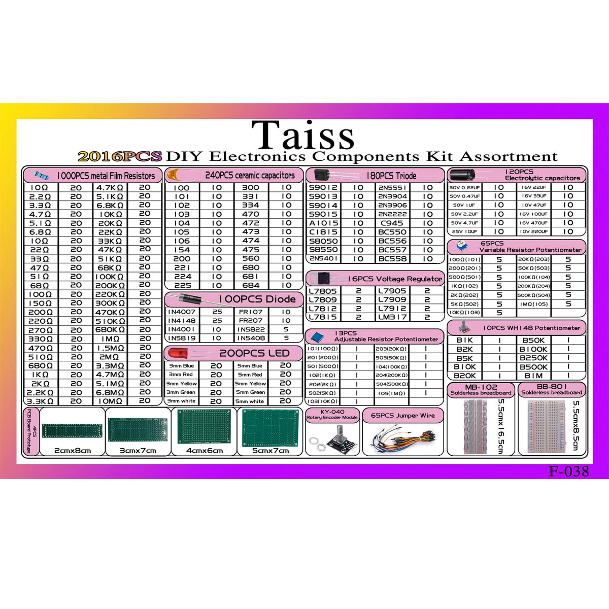 2016PCS Electronics Components Kit Assortment with PCB Board Prototype and Solderless Breadboard J3851