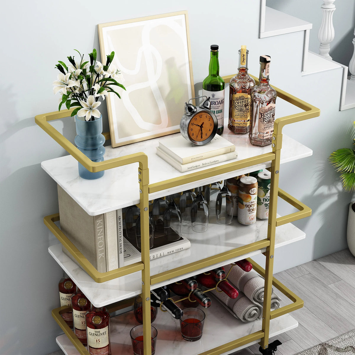 Golden 3-Tier Bar Cart with Wine Rack and Glass Cup Storage Y96429