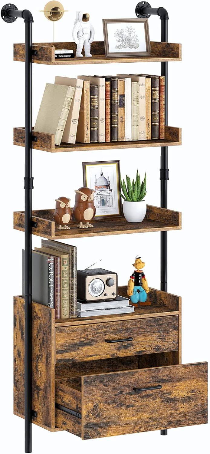 Industrial Bookshelf with 2 Wood Drawers, 4-Tier, Rustic Brown Z95992