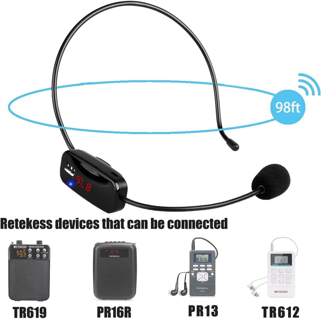 Wireless Microphone Headset System with 1 Transmitter and 5 Portable FM Radio Receiver with Earphone B170