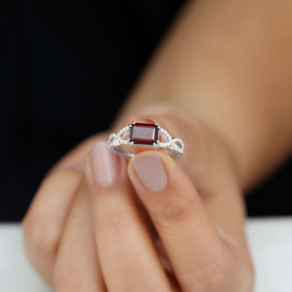 Emerald Cut Garnet Solitaire Ring with Diamond, 14K White Gold, US 12.00 R255