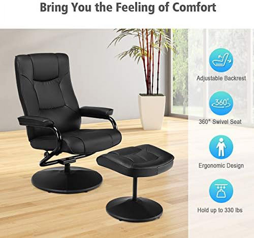 Black PU Leather Swivel Recliner Chair with Footrest Ottoman Set Z4855