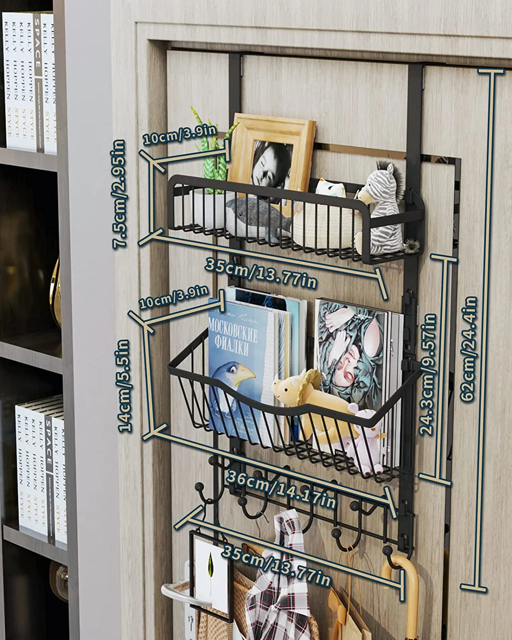 Over The Door Hooks Organizer with 9 Coat Hooks & 2 Wire Basket Hanging Storage (Black) T812810