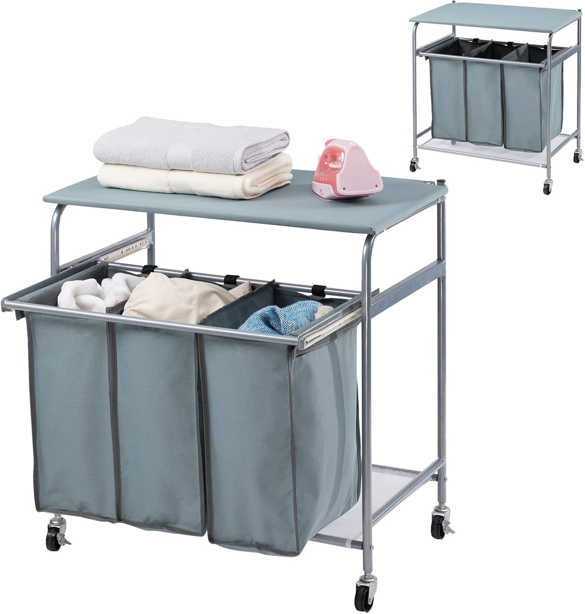 Laundry Sorter Cart with 3-Bag Ironing Board Heavy-Duty 4 Wheels Black F5665