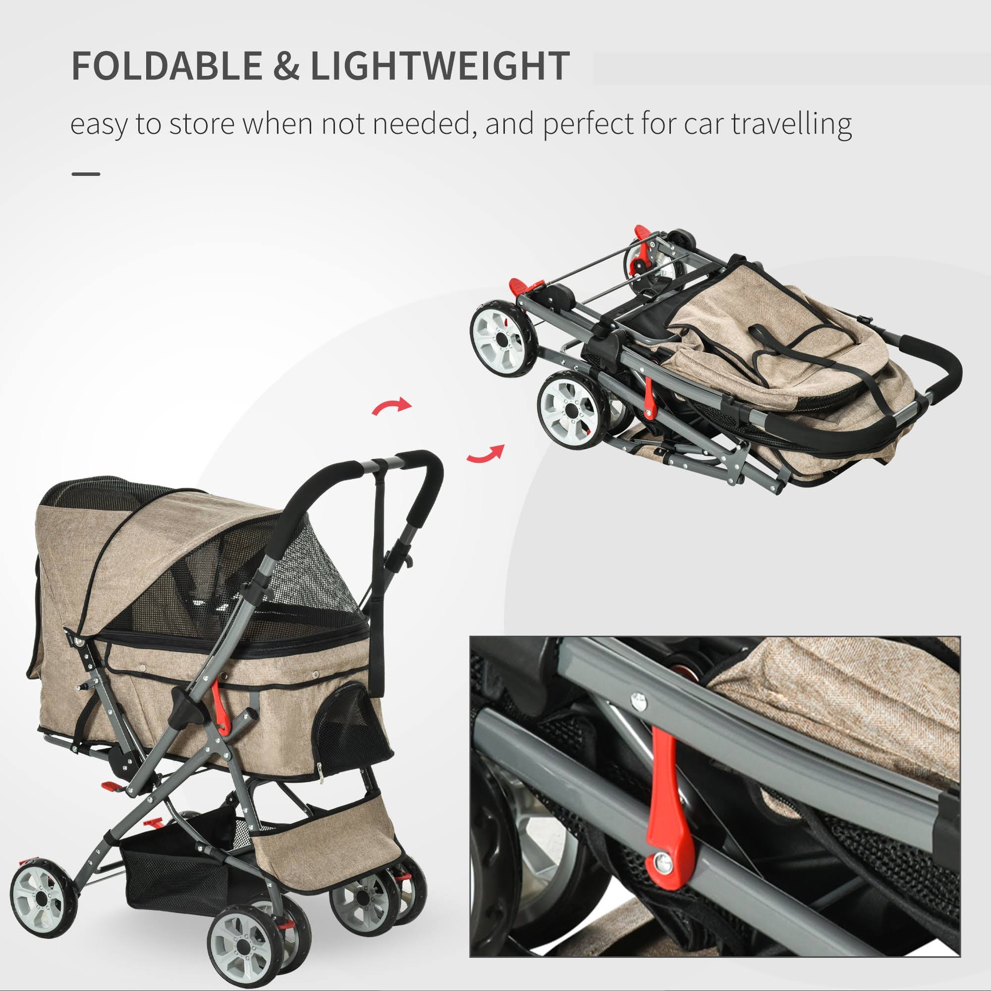 Foldable Pet Stroller with Reversible Handle Basket Storage Bag 3-Stage Canopy Zippered Mesh E93084