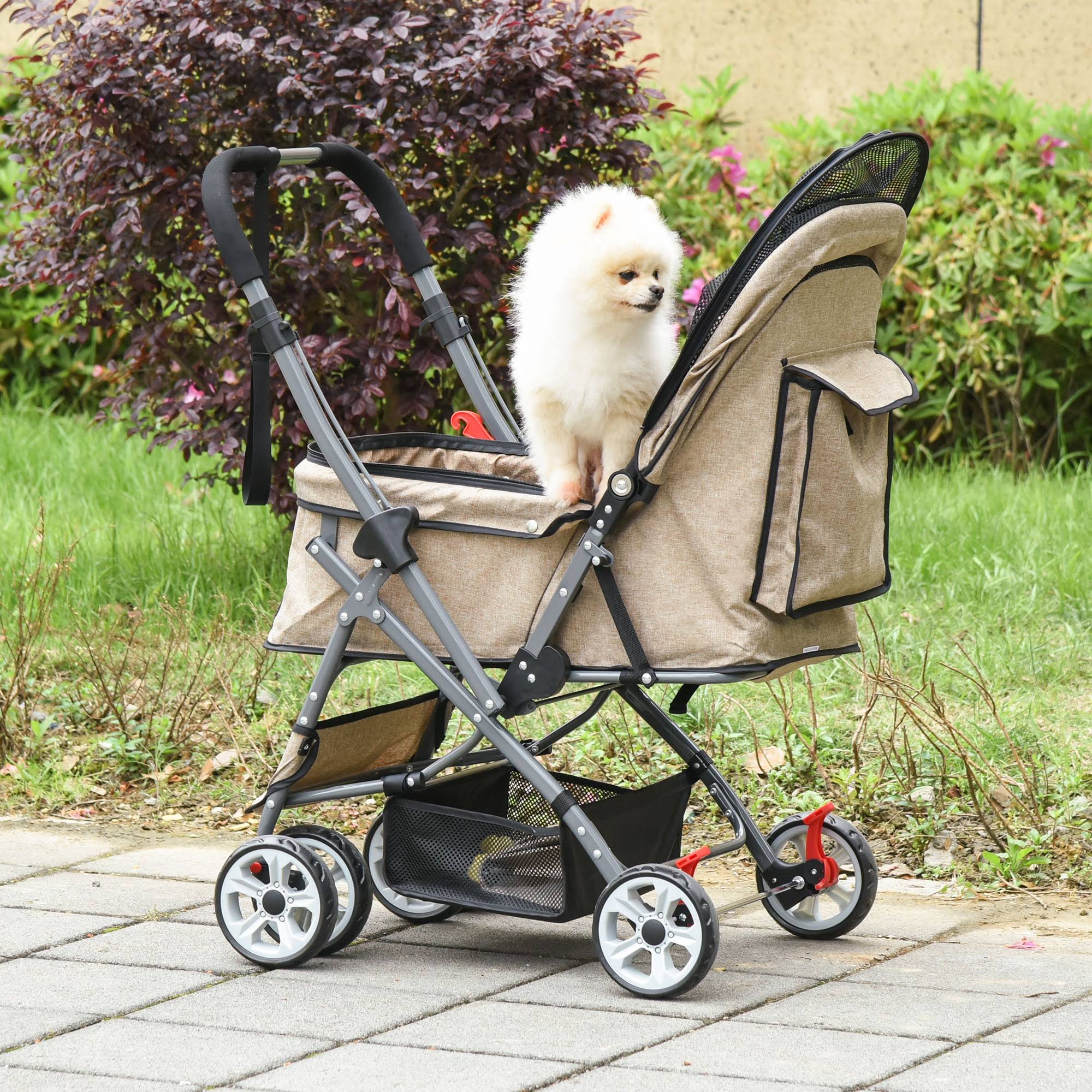 Foldable Pet Stroller with Reversible Handle Basket Storage Bag 3-Stage Canopy Zippered Mesh E93084