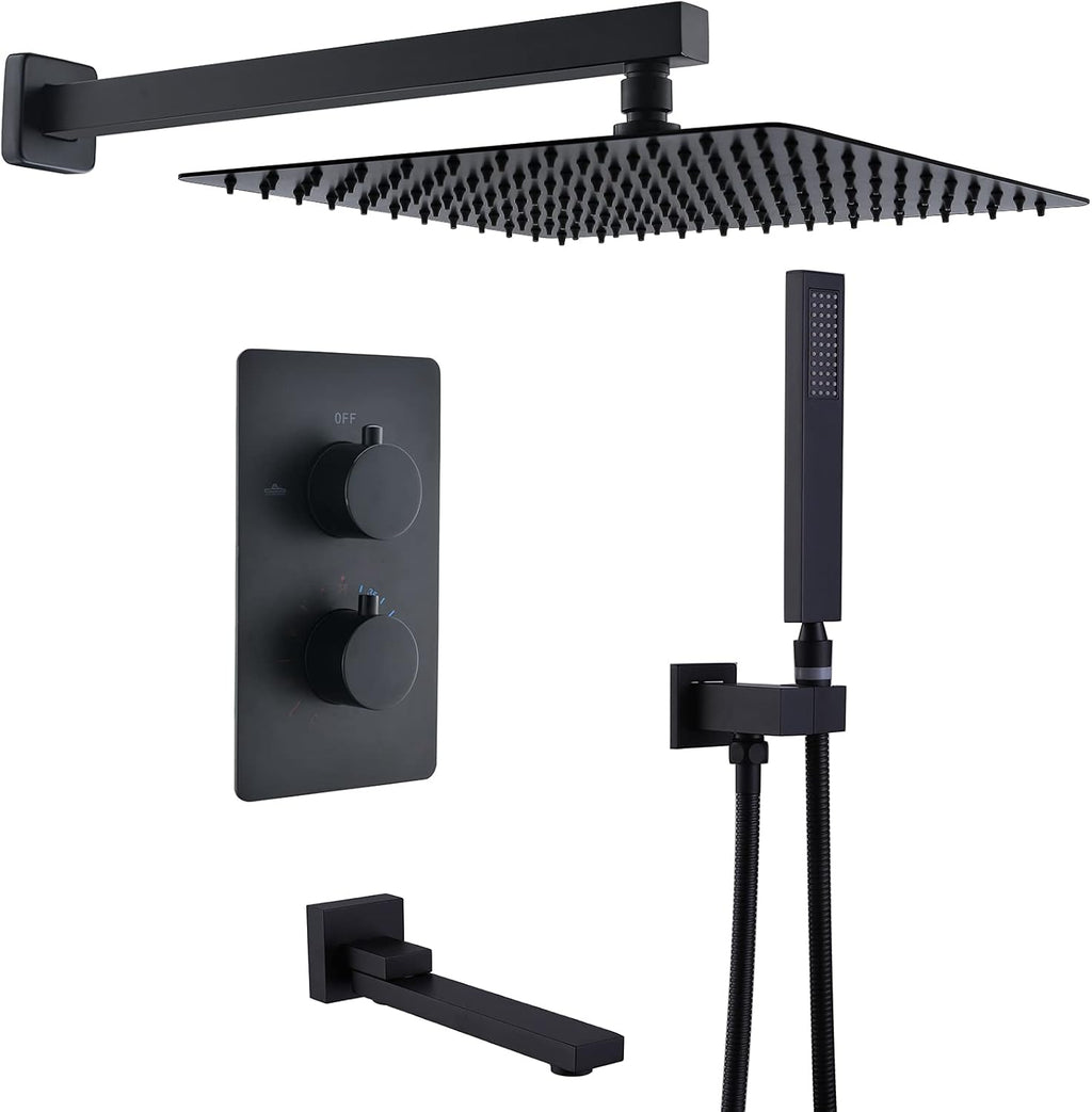 Matte Black Thermostatic Rain Shower Head Kit with Handheld Sprayer, Brass Valve Included K3428