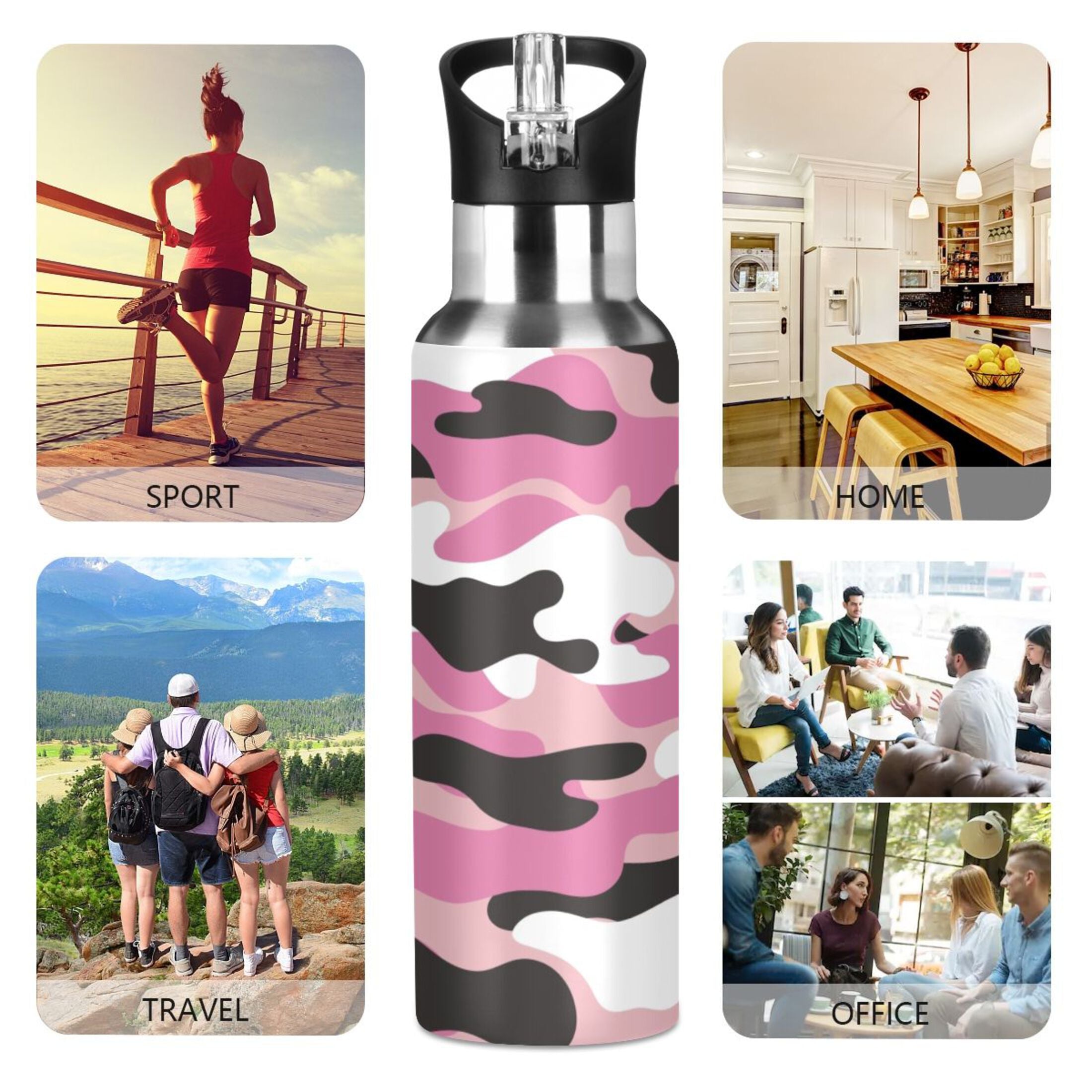 Camouflage Pink Insulated Stainless Steel Water Bottle with Straw Lid, 20 oz P87880