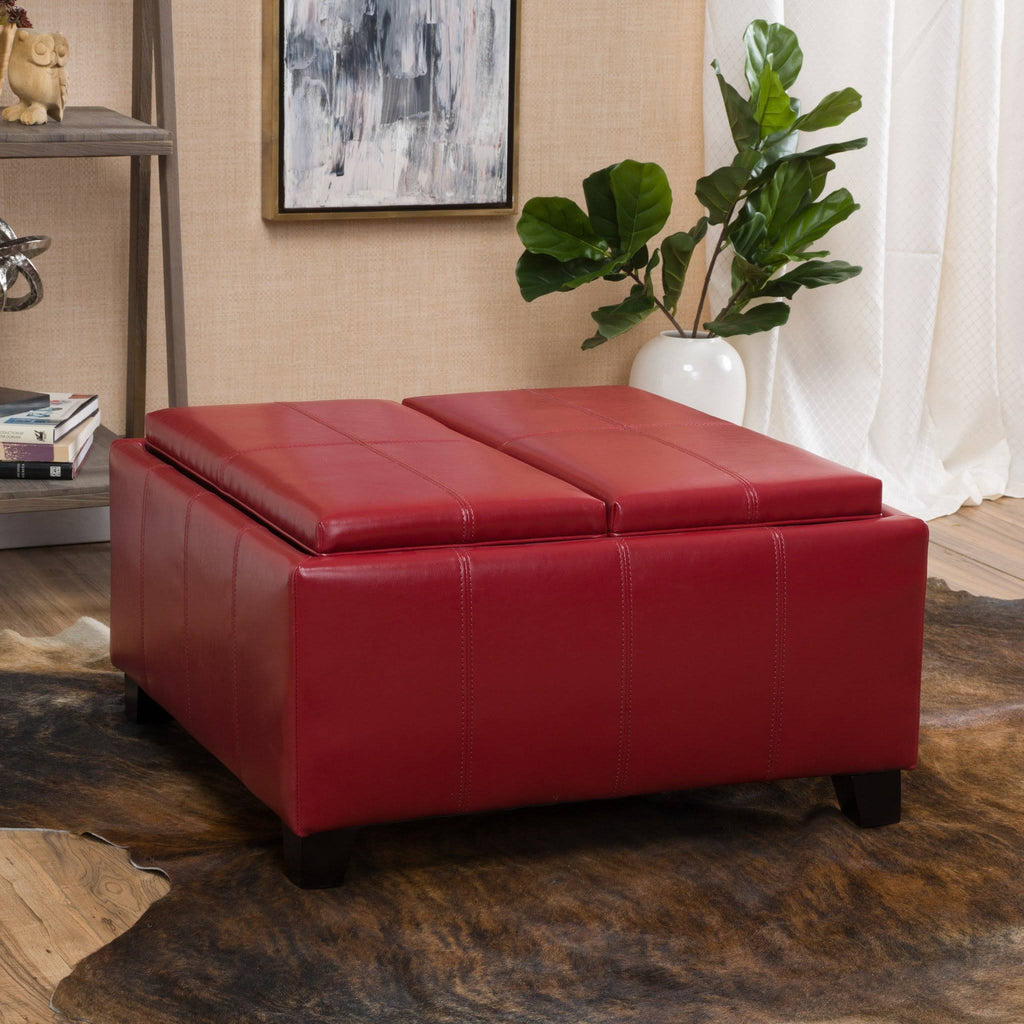 Red Leather Storage Ottoman V5275