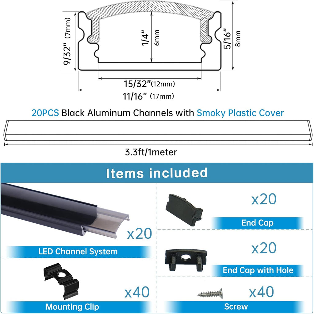 20Pack 6.6FT/2M Black LED Aluminum Channel System with Smoke Transparent Cover X640481