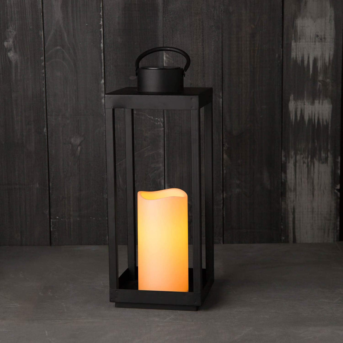 Large Outdoor Lantern with Solar Candle, 18 Inch Tall, Matte Black Metal Frame, Waterproof Flameless Pillar Candle O860205