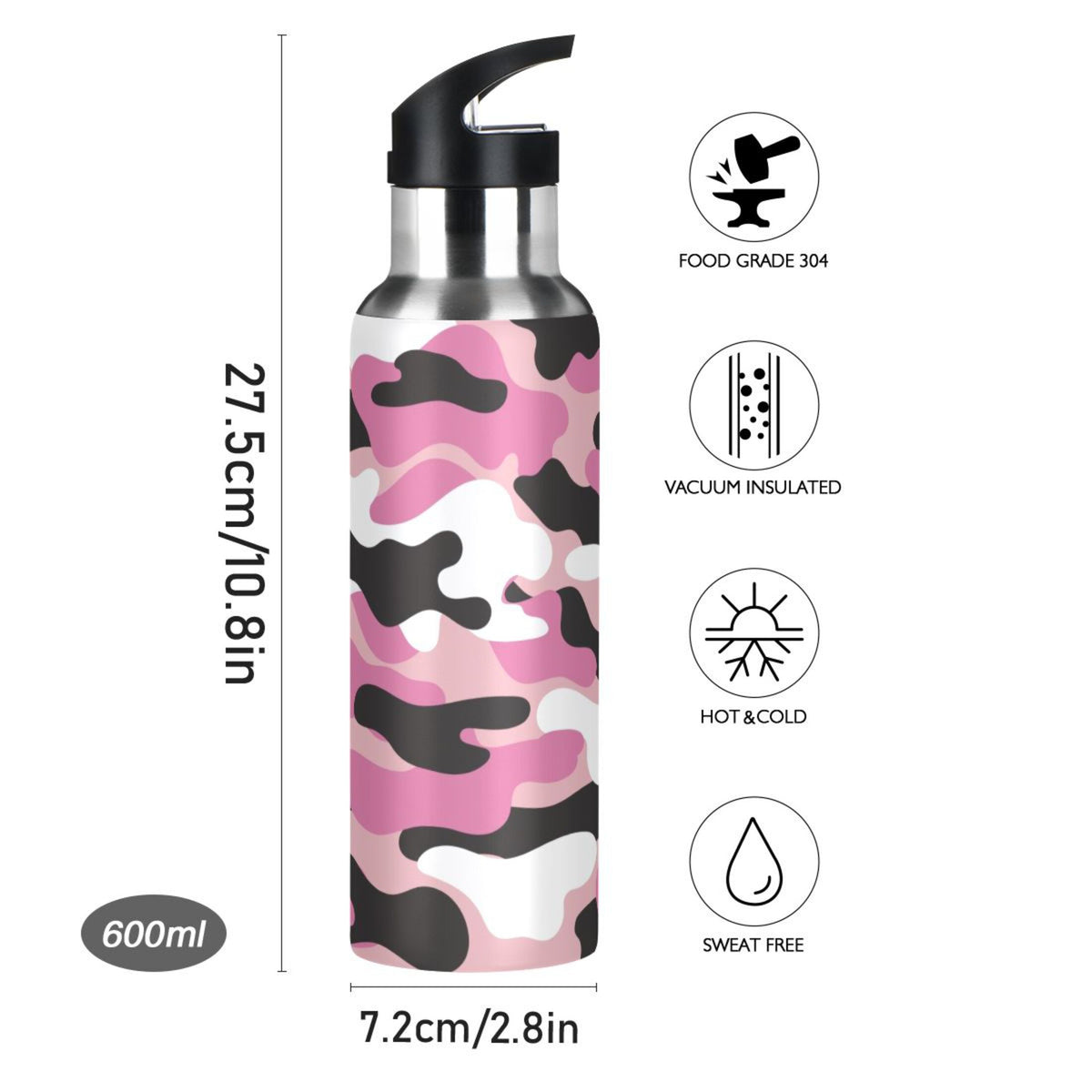 Camouflage Pink Insulated Stainless Steel Water Bottle with Straw Lid, 20 oz P87880