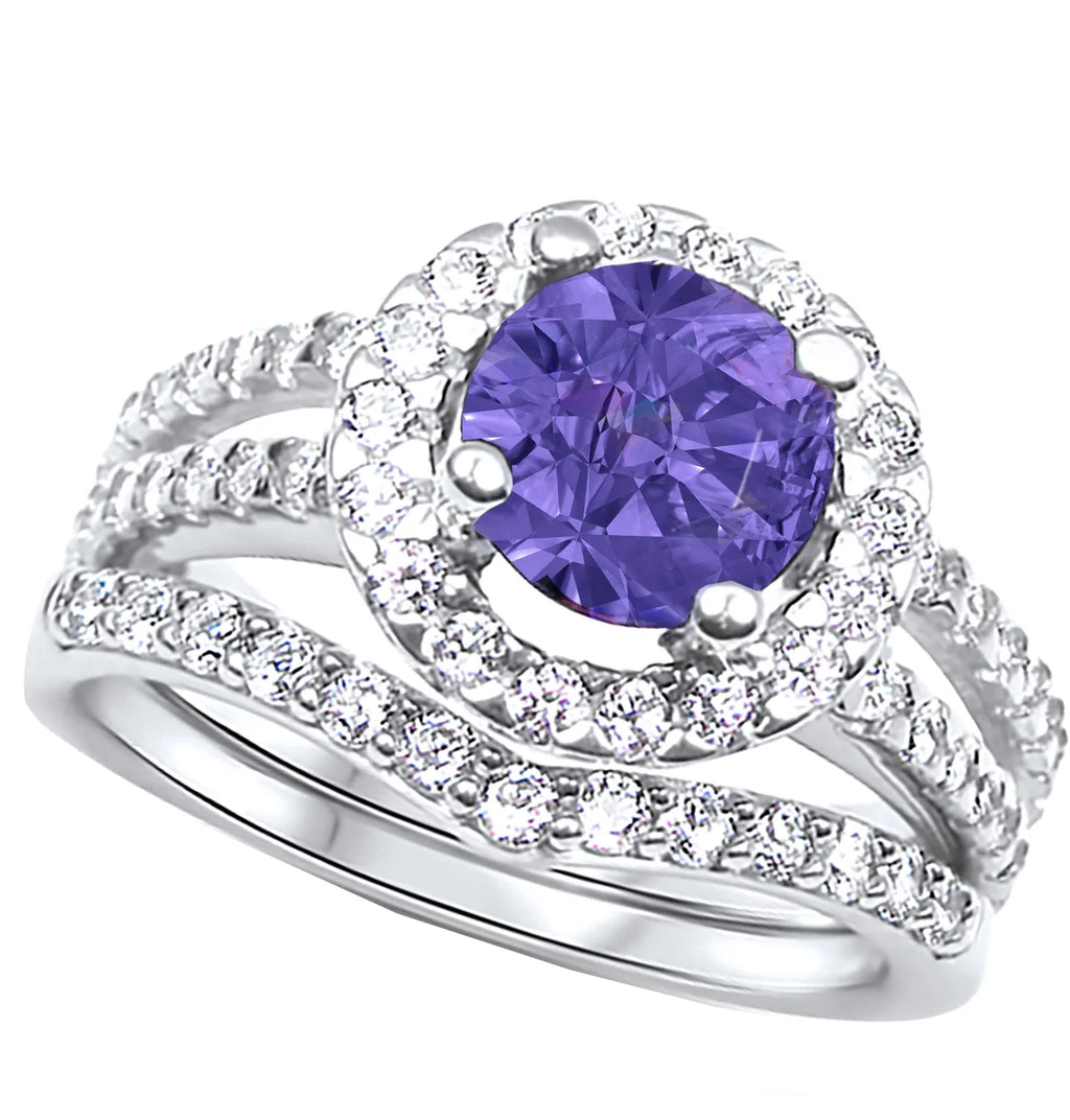 Purple CZ Black Silver Wedding Engagement Rings Set Q22990