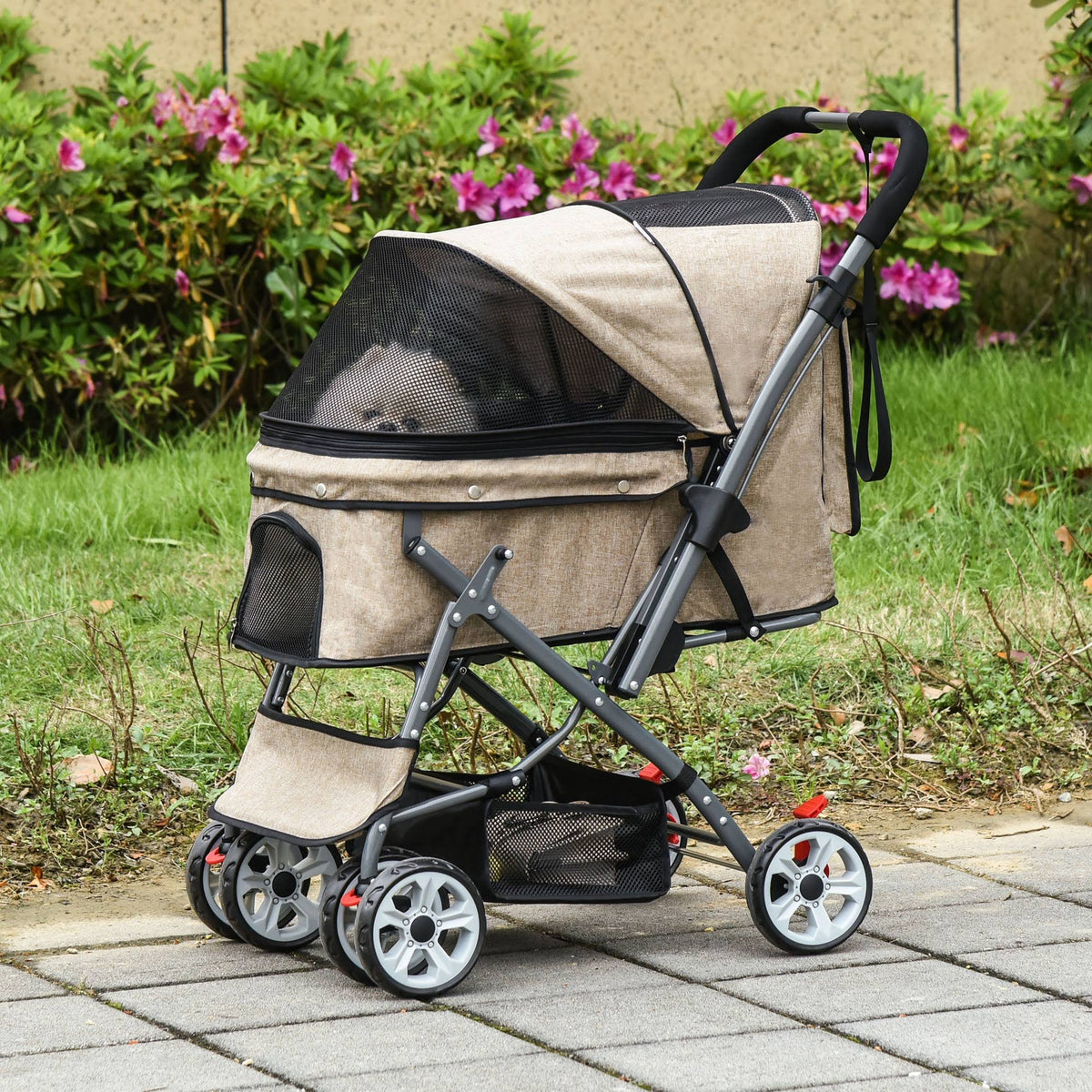 Foldable Pet Stroller with Reversible Handle Basket Storage Bag 3-Stage Canopy Zippered Mesh E93084