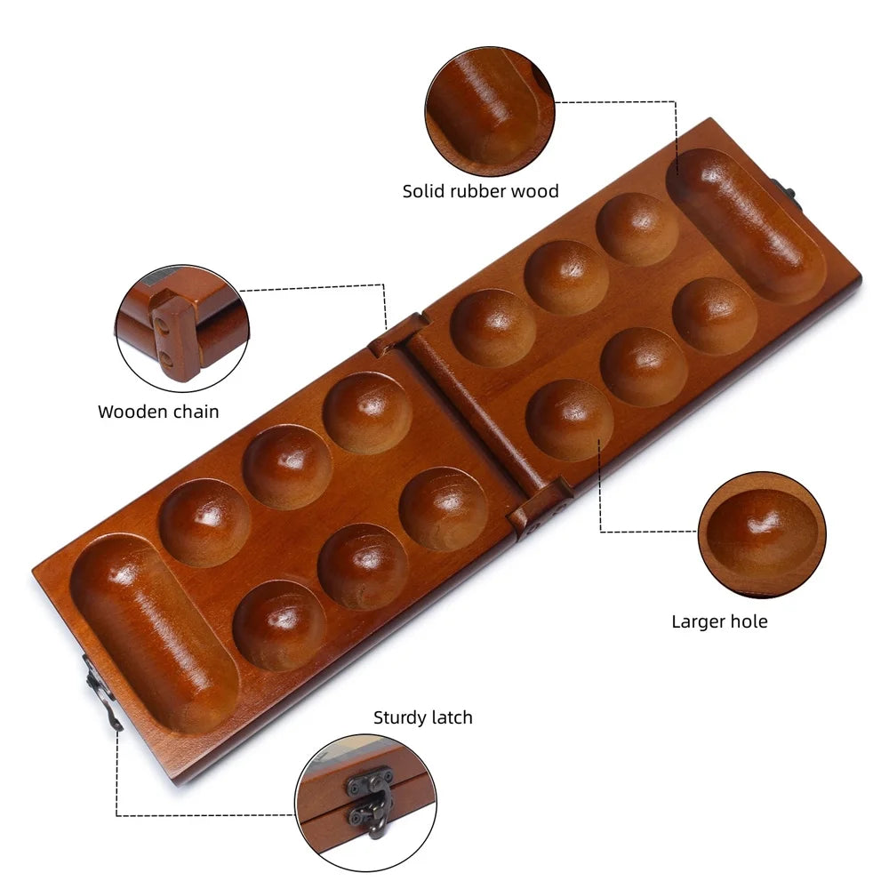Mancala Board Game Set with Rubber Wood Board, Stones Storage Bag & Instructions. G491992