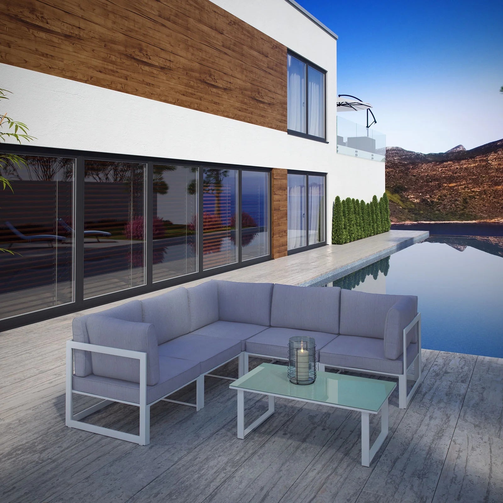 White Grey Fabric Outdoor Patio Sectional Sofa Set R428242