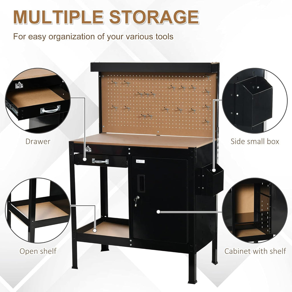 Multipurpose Workbench with Slide Drawer, Peg Board, Storage Cabinet P9079
