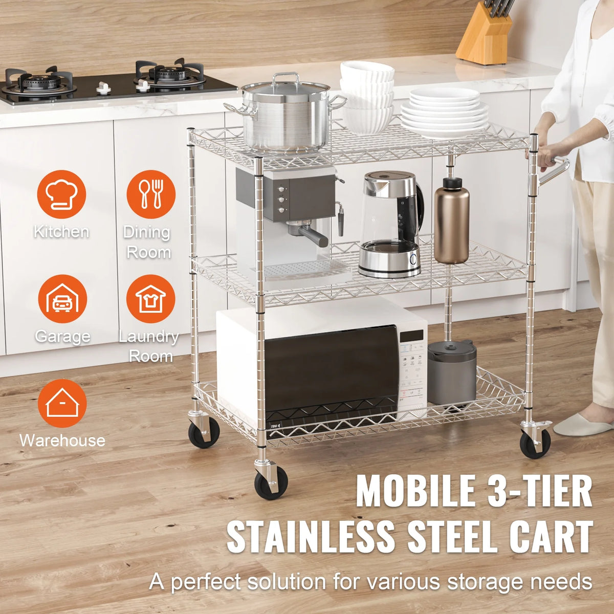 3-Tier Utility Rolling Cart on Wheels W3123