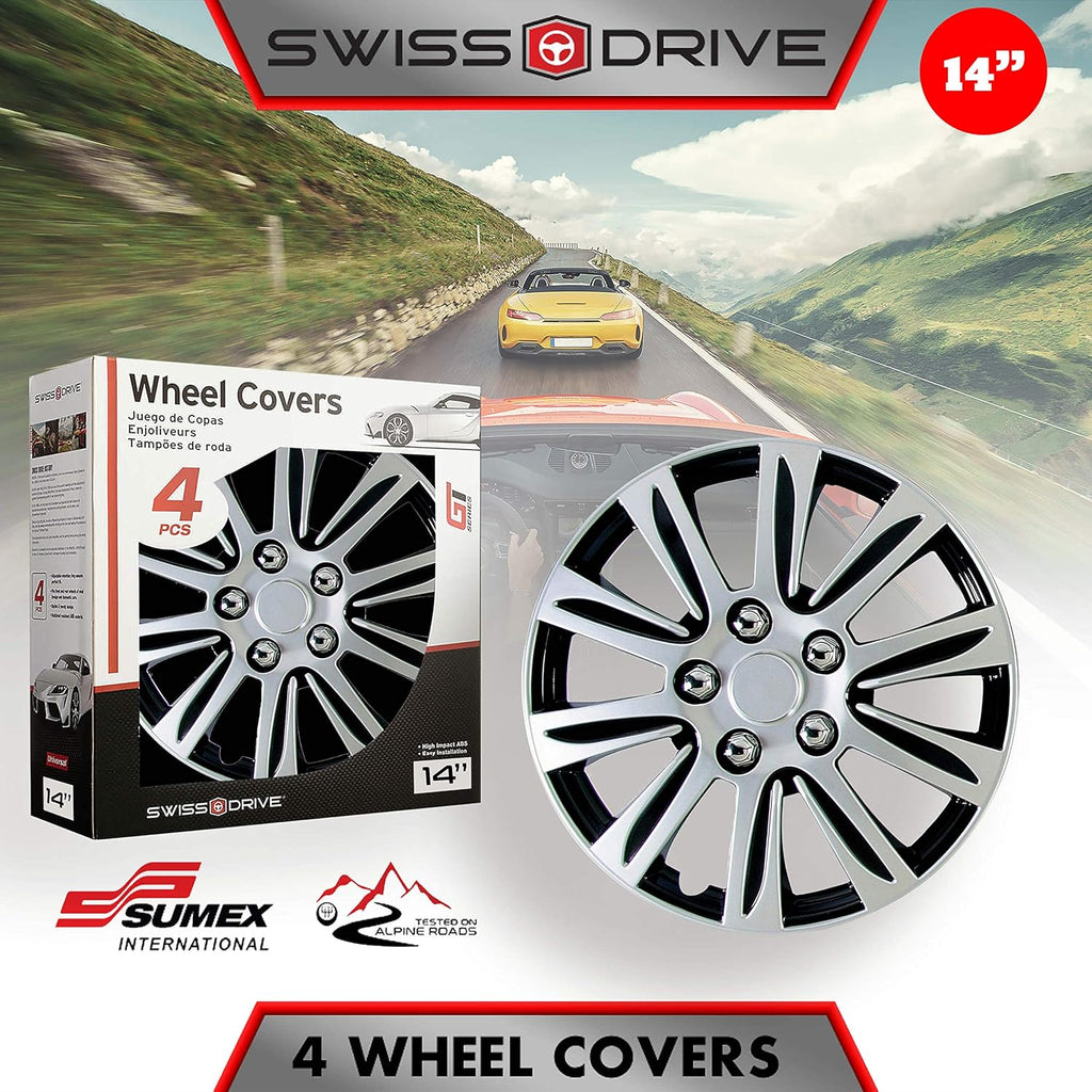 Silver and Black Set of 4 Car Wheel Hub Caps (14-Inch) D1703