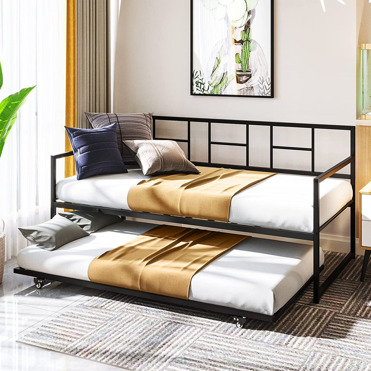 Black Twin Daybed with Pull Out Trundle Sofa Bed G982933