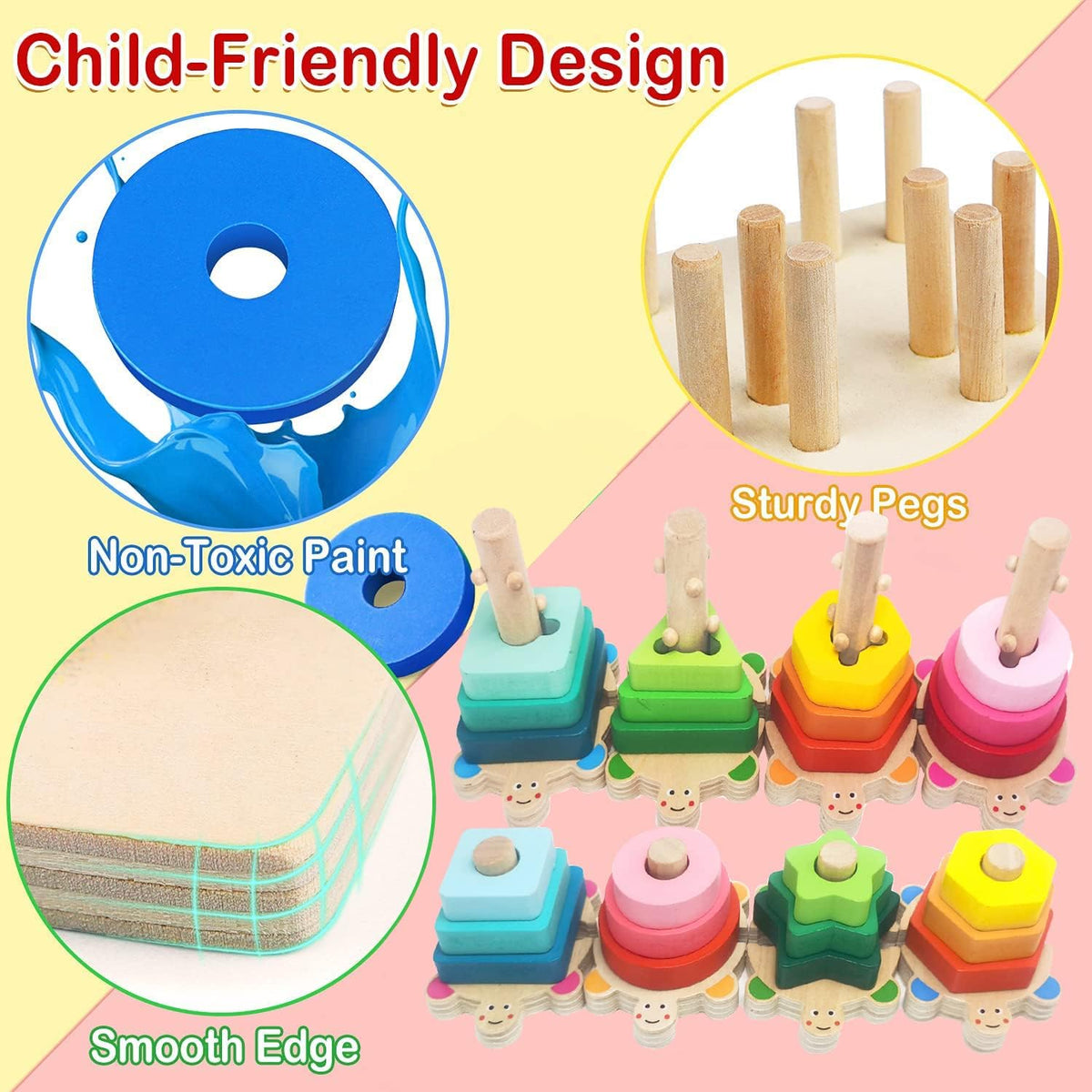 Wooden Shape Sorter and Stacking Toys, 8PCS Toddler Montessori Geometric Block Puzzle C7546
