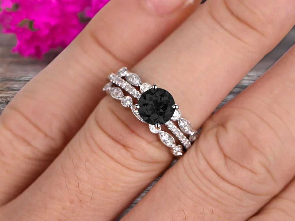 10k White Gold Black Diamond Moissanite Engagement Ring V7925